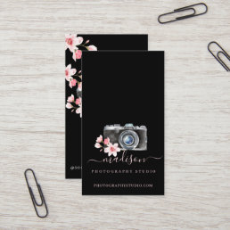 Watercolor Vintage Camera Floral Photography Black Business Card