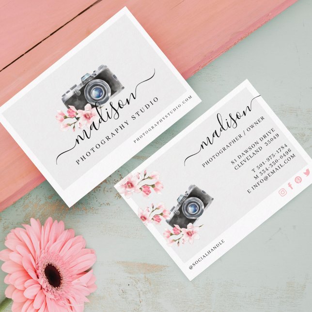 Watercolor Vintage Camera & Florals Photography Business Card (Creator Uploaded)