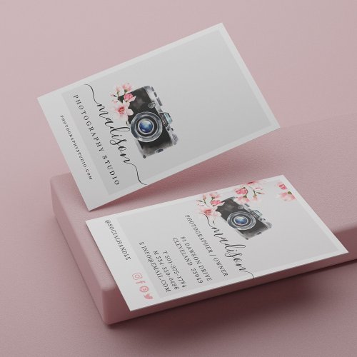 Watercolor Vintage Camera  Florals Photography Business Card