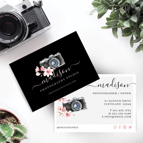 Watercolor Vintage Camera  Florals Photography Business Card