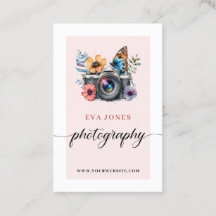 Watercolor Vintage Camera & Flowers Photography Business Card