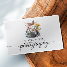 Watercolor Vintage Camera &amp; Flowers Photography Business Card