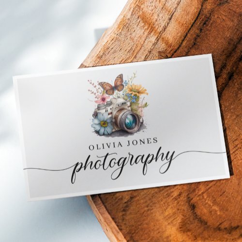 Watercolor Vintage Camera  Flowers Photography Business Card