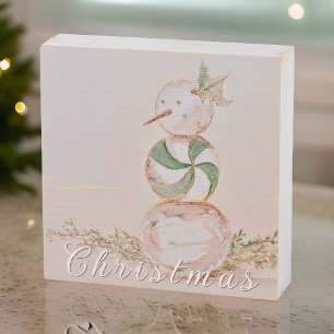 Watercolor Vintage Candy Snowman Christmas Wooden Box Sign