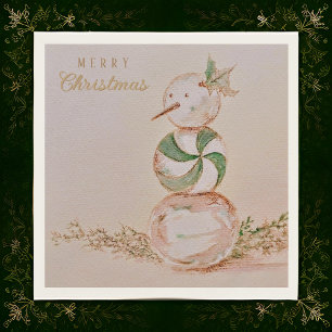Watercolor Vintage Candy Snowman Merry Christmas Napkins