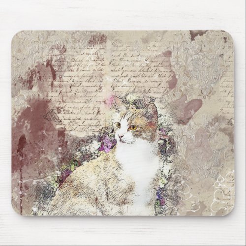 Watercolor Vintage Cat Mouse Pad