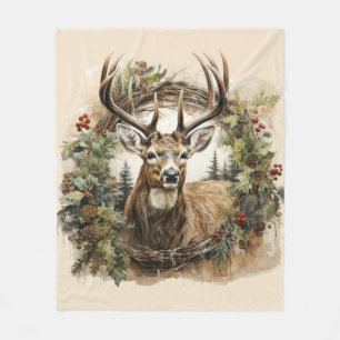 Watercolor Vintage Christmas Deer Design Fleece Blanket