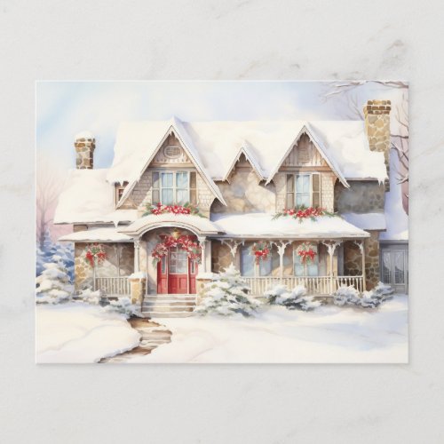 Watercolor Vintage Christmas House Holiday Postcard