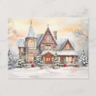 Watercolor Vintage Christmas House Holiday Postcard