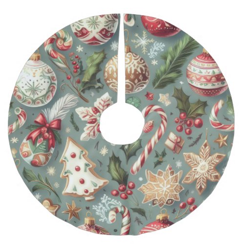 Watercolor Vintage Christmas Motifs Holiday  Brushed Polyester Tree Skirt