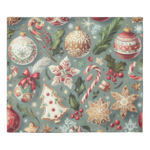 Watercolor Vintage Christmas Motifs Holiday Duvet Cover