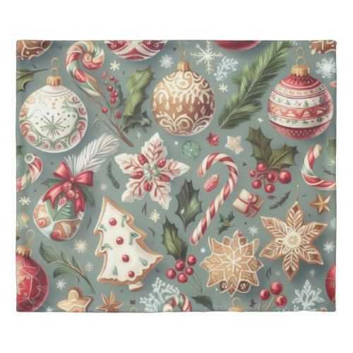 Watercolor Vintage Christmas Motifs Holiday  Duvet Cover