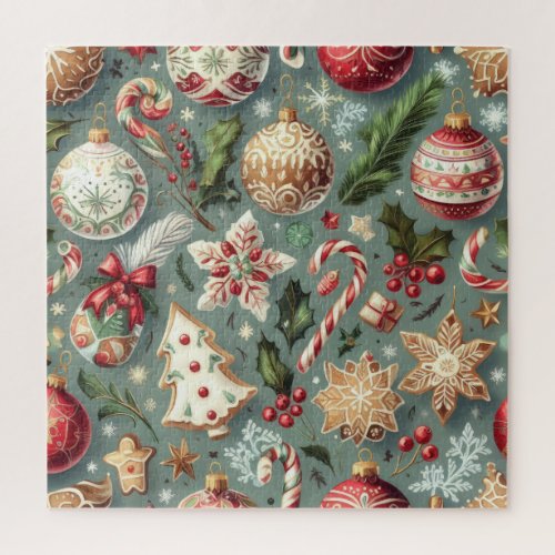 Watercolor Vintage Christmas Motifs Holiday  Jigsaw Puzzle