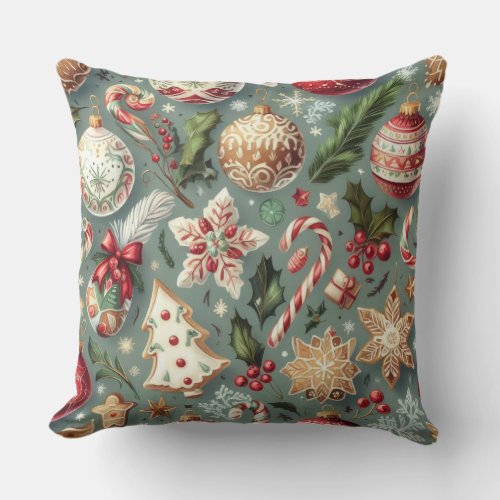 Watercolor Vintage Christmas Motifs Holiday  Throw Pillow