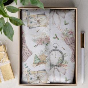 Watercolor Vintage Christmas Stockings Pink Roses Tissue Paper