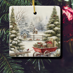 Watercolor Vintage Christmas Tree Forest Ornament