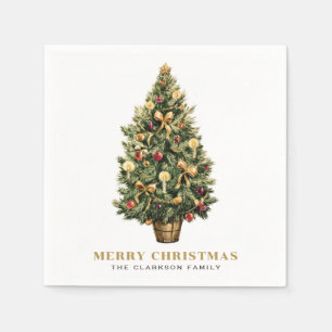 Watercolor Vintage Christmas Tree Gold Christmas Napkins