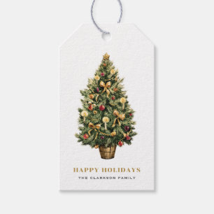Watercolor Vintage Christmas Tree Happy Holidays Gift Tags