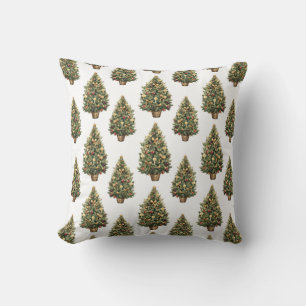 Watercolor Vintage Christmas Tree White Holiday Throw Pillow
