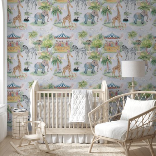 Watercolor Vintage Circus Zoo Animals Nursery Wallpaper