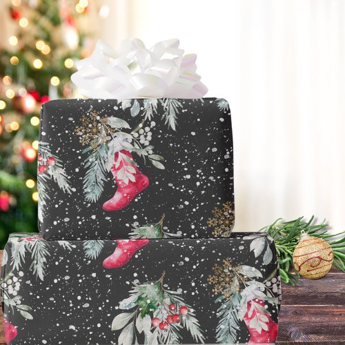Watercolor Vintage Elegant Stocking Christmas Tree Wrapping Paper