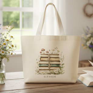 Watercolor Vintage Floral Books Large Tote Bag