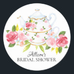 Watercolor Vintage Floral Bridal Tea Party Sticker<br><div class="desc">Pretty tea bridal shower favor sticker featuring a vintage rose tea pot & colorful watercolor flowers</div>