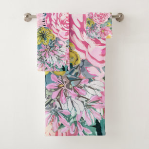 Watercolor vintage floral illustration bath towel set