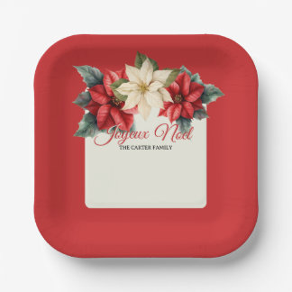 Watercolor Vintage Floral Red Poinsettia Christmas Paper Plates