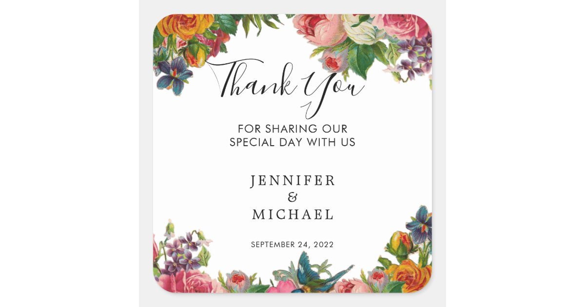 Watercolor vintage flowers Wedding Thank You Favor Square Sticker | Zazzle