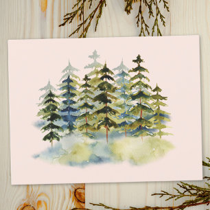 Watercolor Vintage Foggy Green Pine Forest Postcard