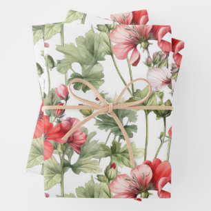 Watercolor Vintage Geranium Flowers and Leaves Wrapping Paper Sheets