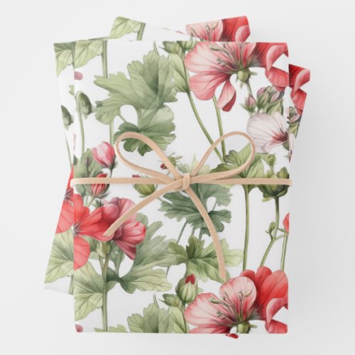 Watercolor Vintage Geranium Flowers and Leaves  Wrapping Paper Sheets
