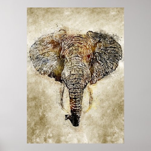 Watercolor Vintage Grunge Painting of Elephant Poster