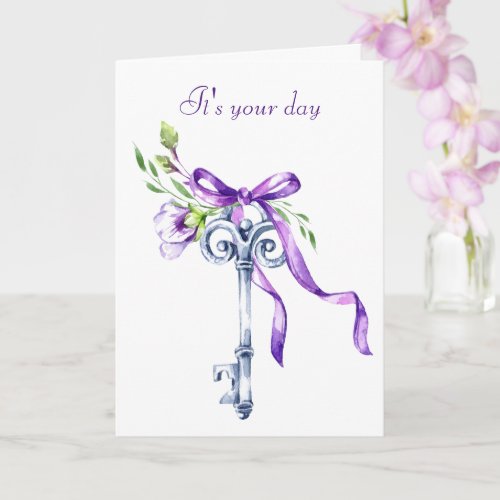 Watercolor Vintage Key and Flowers Birthday Card