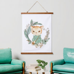 Watercolor Vintage Kitty Hanging Tapestry