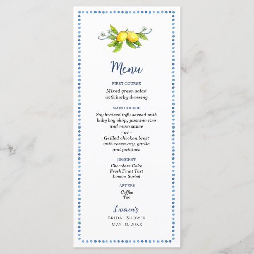 Watercolor Vintage Lemon Bridal shower Menu