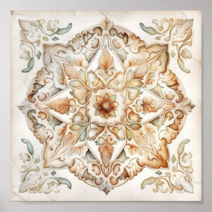 Watercolor vintage mosaic tile. Floral azulejo  Poster