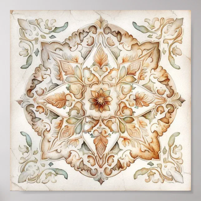 Watercolor vintage mosaic tile. Floral azulejo Poster | Zazzle