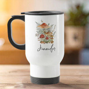 Watercolor Vintage Mushroom Cottagecore Monogram Travel Mug
