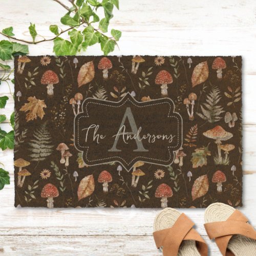 Watercolor Vintage Mushroom Fern Botanical Pattern Fiber Doormat