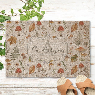 Watercolor Vintage Mushroom Fern Botanical Pattern Fiber Doormat