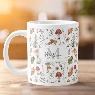 Watercolor Vintage Mushroom Fern Botanical Pattern Giant Coffee Mug