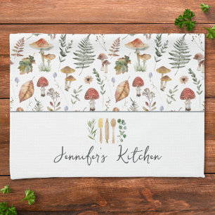 Watercolor Vintage Mushroom Fern Botanical Pattern Kitchen Towel