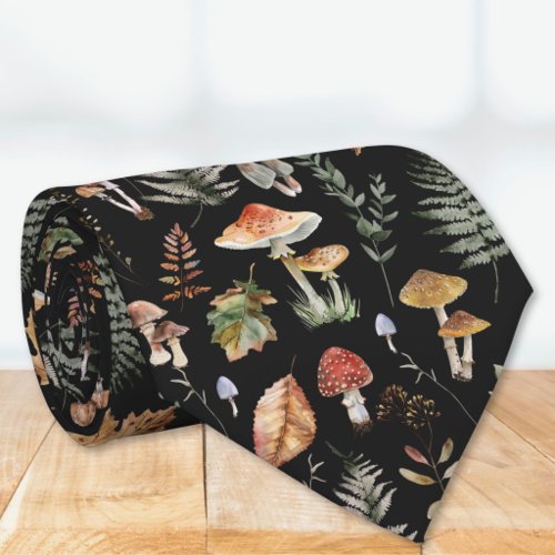 Watercolor Vintage Mushroom Fern Botanical Pattern Neck Tie