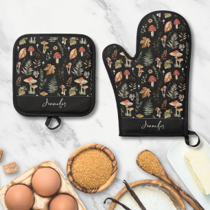 Watercolor Vintage Mushroom Fern Botanical Pattern Oven Mitt & Pot Holder Set