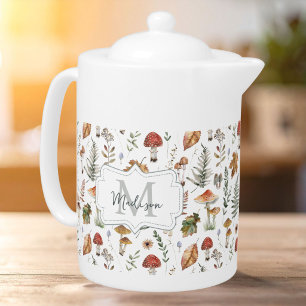 Watercolor Vintage Mushroom Fern Botanical Pattern Teapot