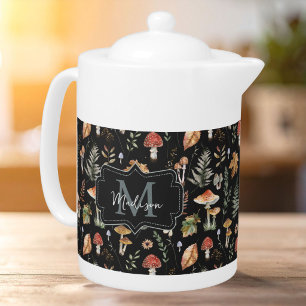 Watercolor Vintage Mushroom Fern Botanical Pattern Teapot