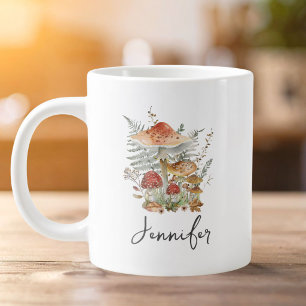 Watercolor Vintage Mushroom Fern Leaves Monogram Giant Coffee Mug