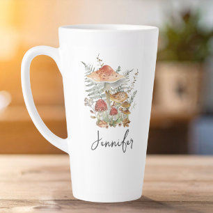 Watercolor Vintage Mushroom Fern Leaves Monogram Latte Mug